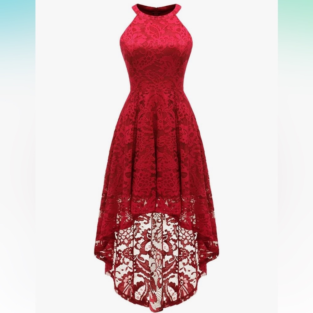 DRESSYSTAR Halter Red Lace High-Low Dress